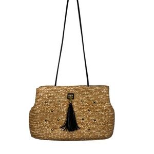 Saks Fifth Avenue Natural Wheat Straw Woven shoulder Bag with Brown Tassel